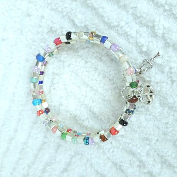 HANDMADE ~ Triple Wrap Memory Bracelet Silver Squares & Multi Colors - Picture 4 of 5